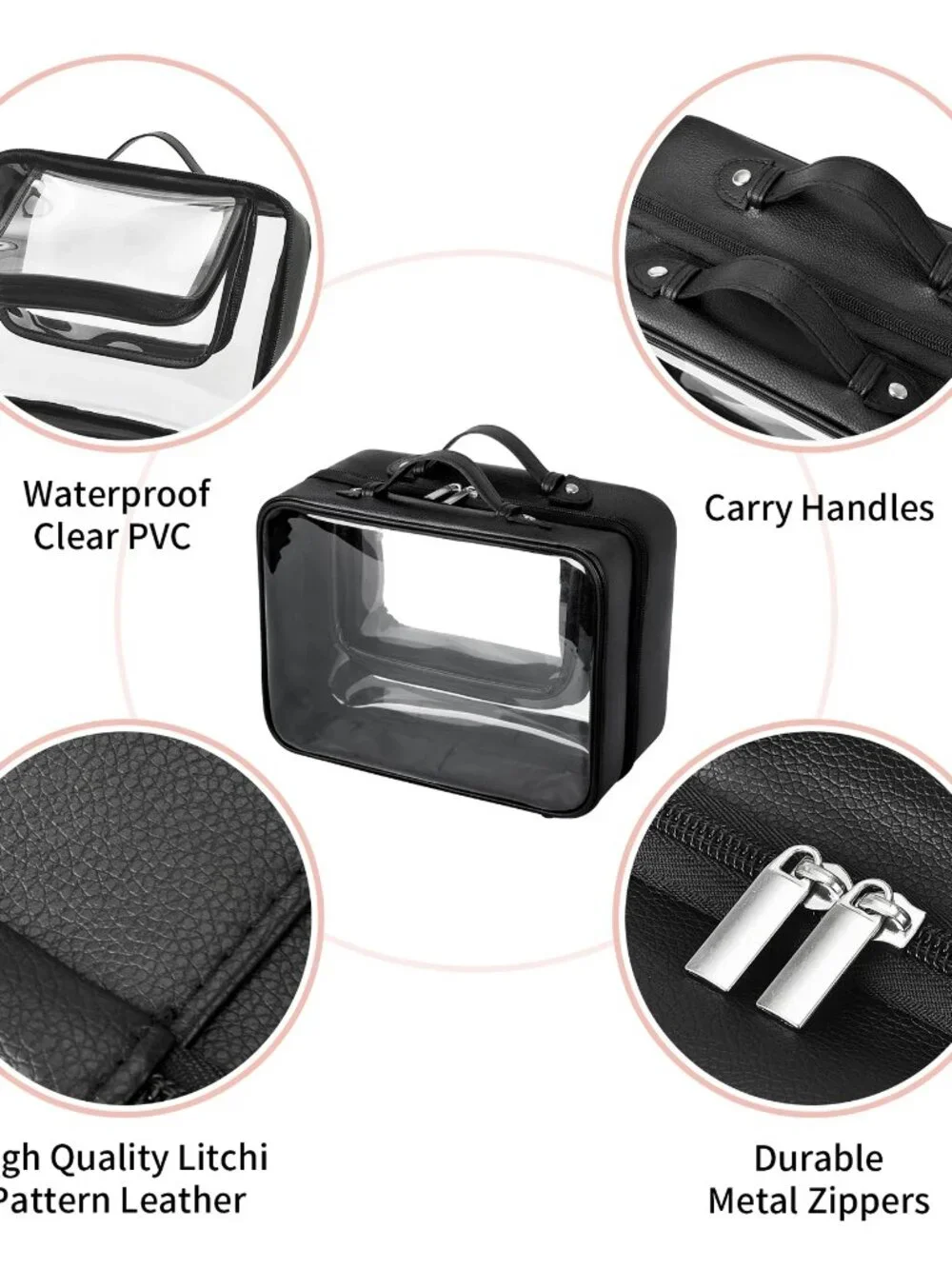 Large TSA approved black clear travel makeup toiletry bag clamshell design LARGE